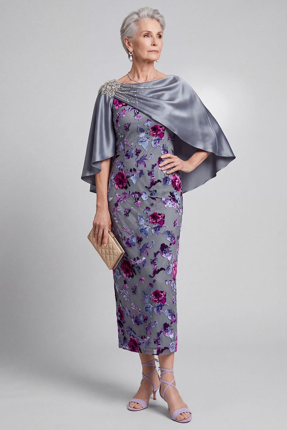Grey Bodycon 2 Piece Beaded Floral Velvet Midi Mother of the Bride Dress with Cape