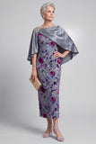 Grey Bodycon 2 Piece Beaded Floral Velvet Midi Mother of the Bride Dress with Cape