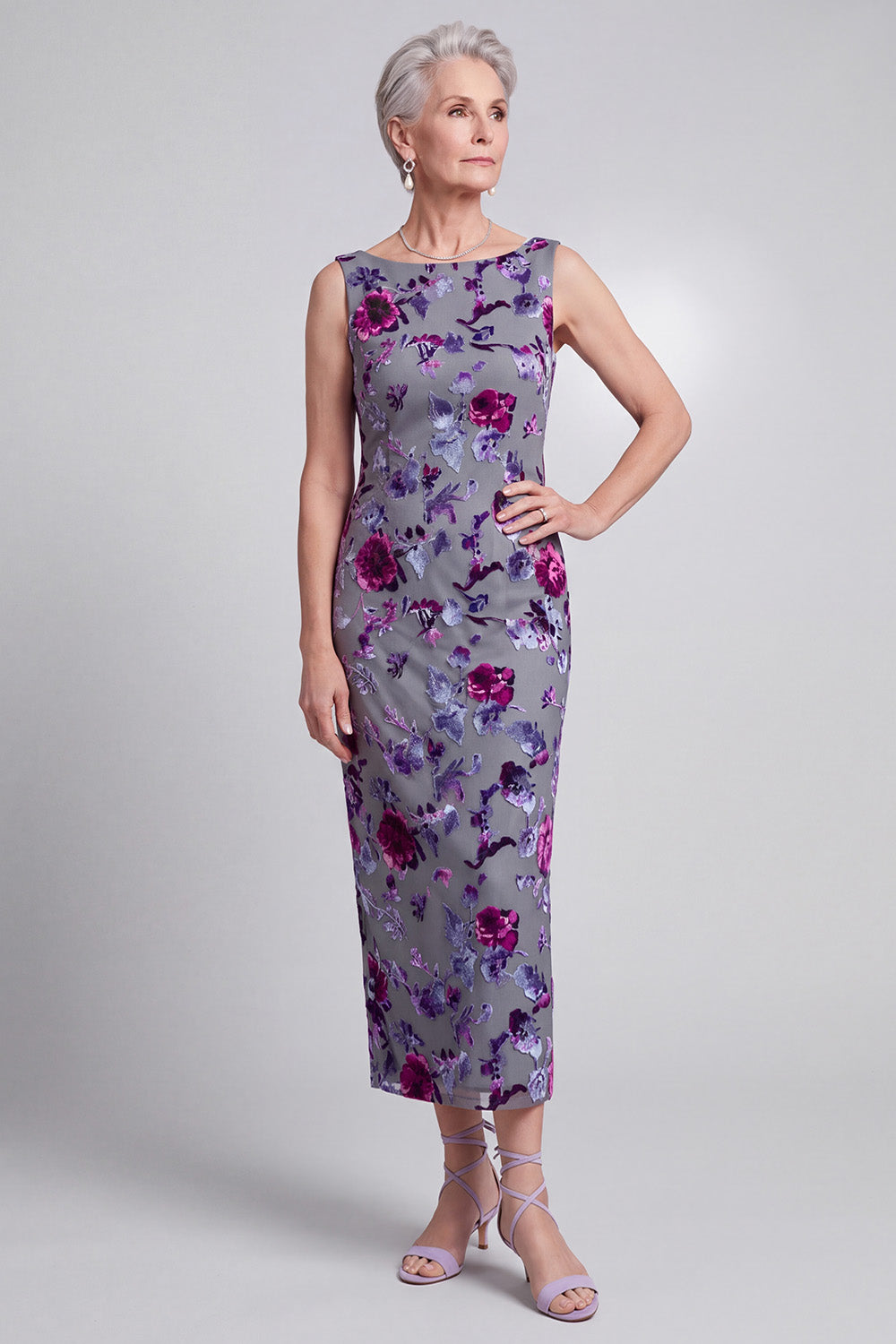 Grey Bodycon 2 Piece Beaded Floral Velvet Midi Mother of the Bride Dress with Cape
