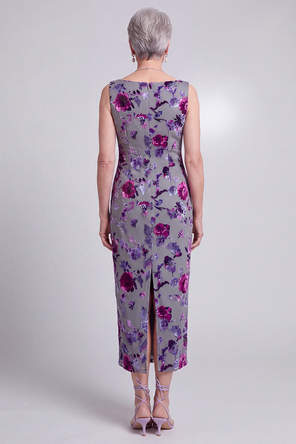 Grey Bodycon 2 Piece Beaded Floral Velvet Midi Mother of the Bride Dress with Cape