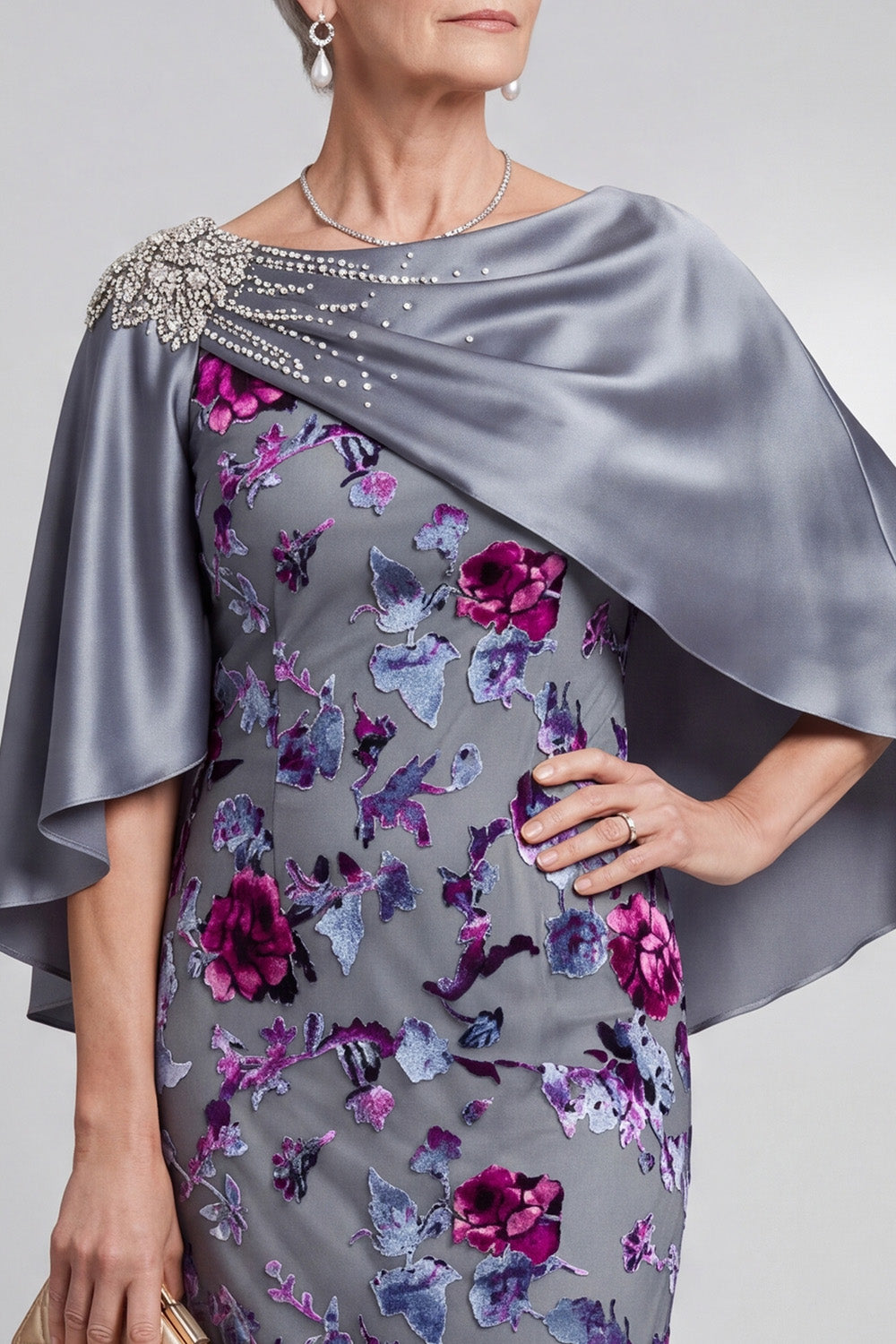 Grey Bodycon 2 Piece Beaded Floral Velvet Midi Mother of the Bride Dress with Cape