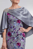 Grey Bodycon 2 Piece Beaded Floral Velvet Midi Mother of the Bride Dress with Cape