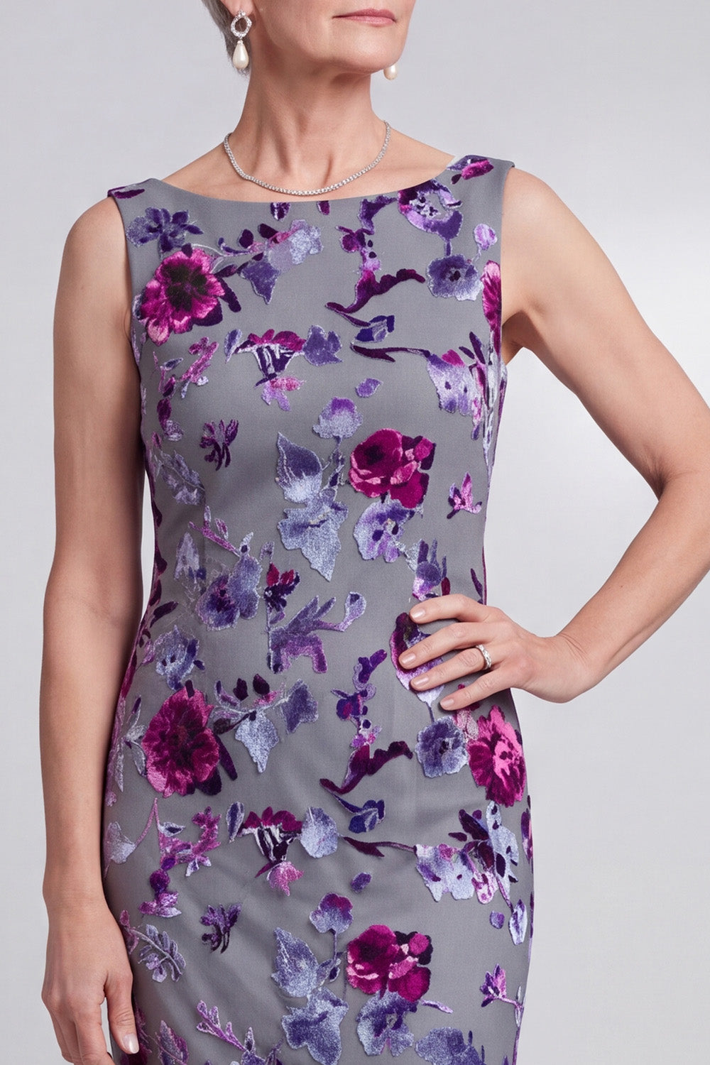 Grey Bodycon 2 Piece Beaded Floral Velvet Midi Mother of the Bride Dress with Cape