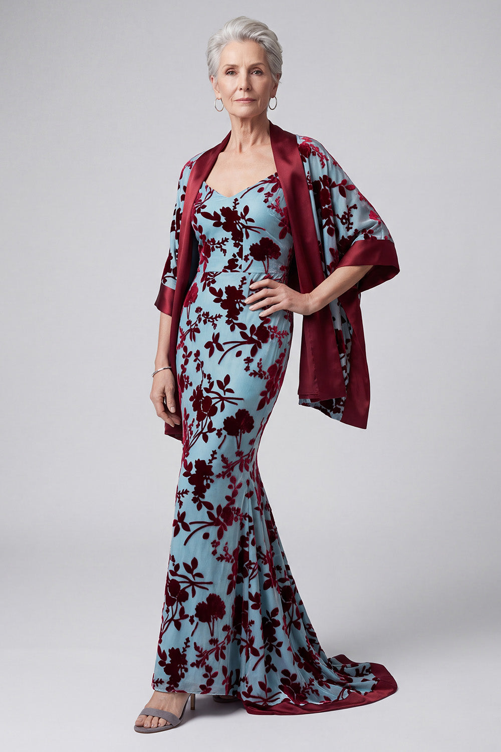 Lake Blue Floral 2 Piece Mermaid Velvet Long Mother of the Bride Dress with Jacket