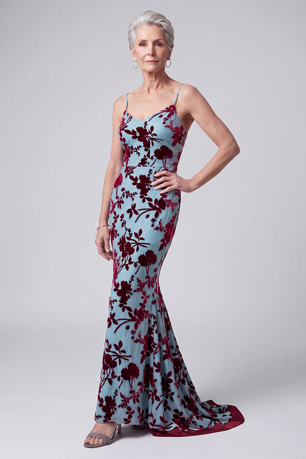 Lake Blue Floral 2 Piece Mermaid Velvet Long Mother of the Bride Dress with Jacket