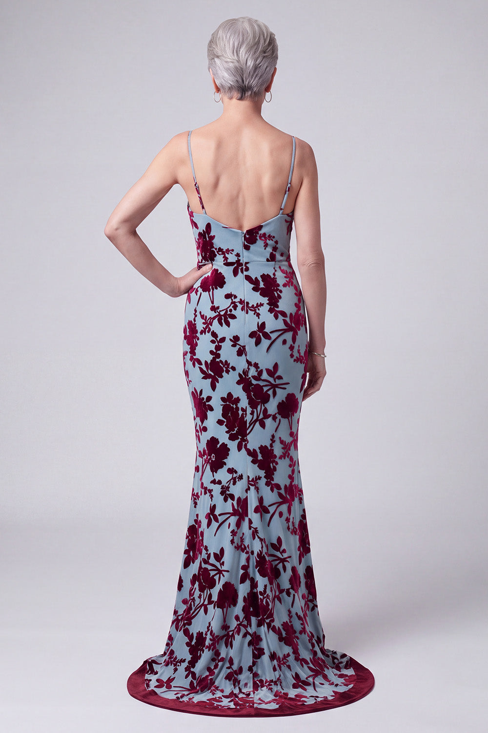 Lake Blue Floral 2 Piece Mermaid Velvet Long Mother of the Bride Dress with Jacket