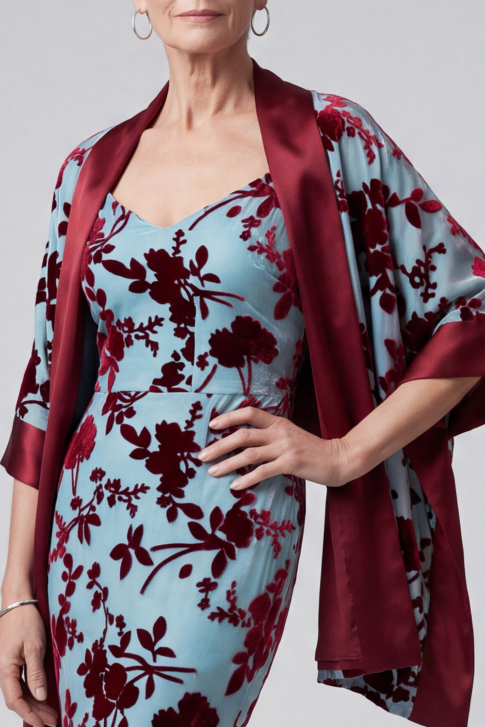 Lake Blue Floral 2 Piece Mermaid Velvet Long Mother of the Bride Dress with Jacket