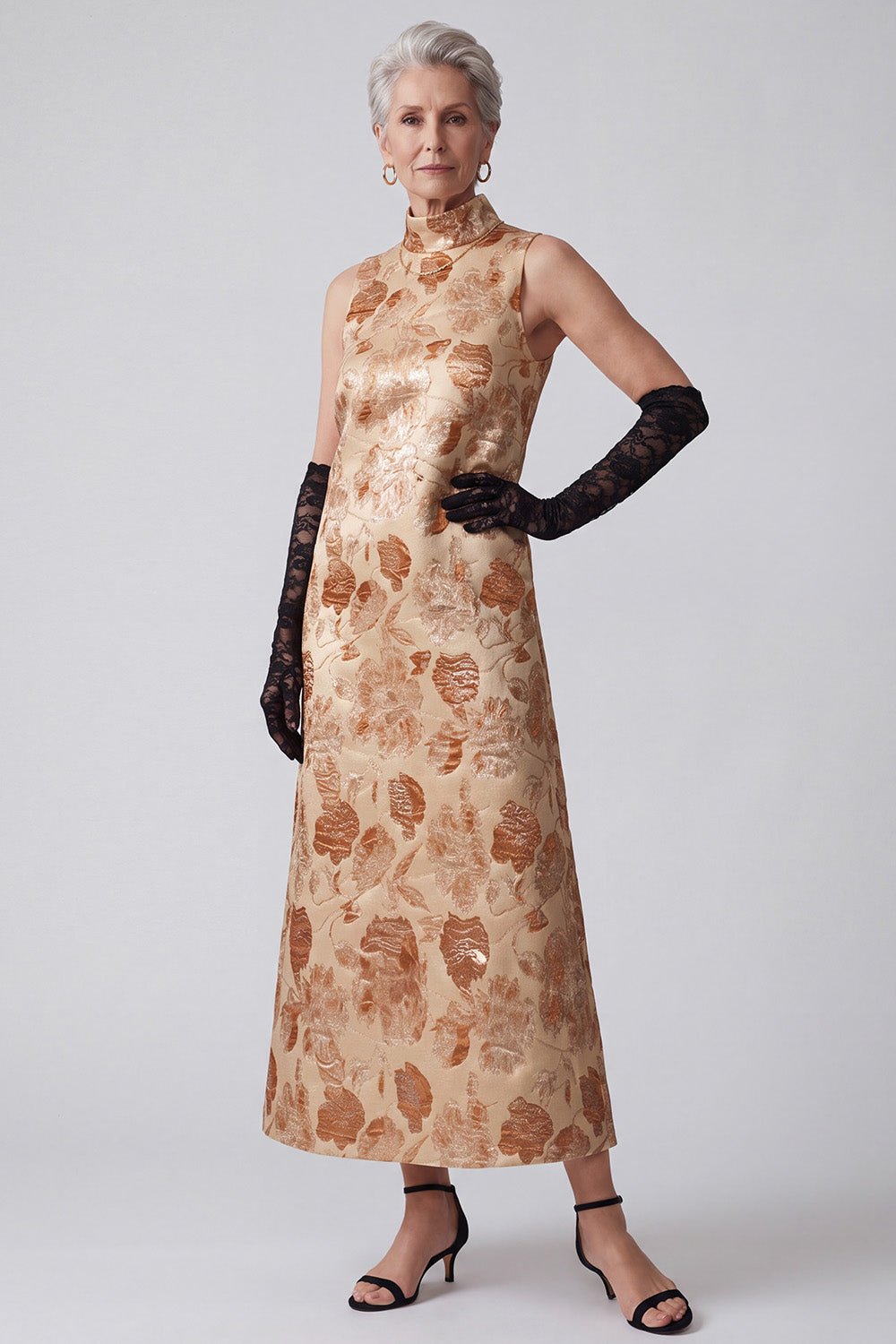 Champagne Sheath High Neck Printed Long Mother of the Bride Dress