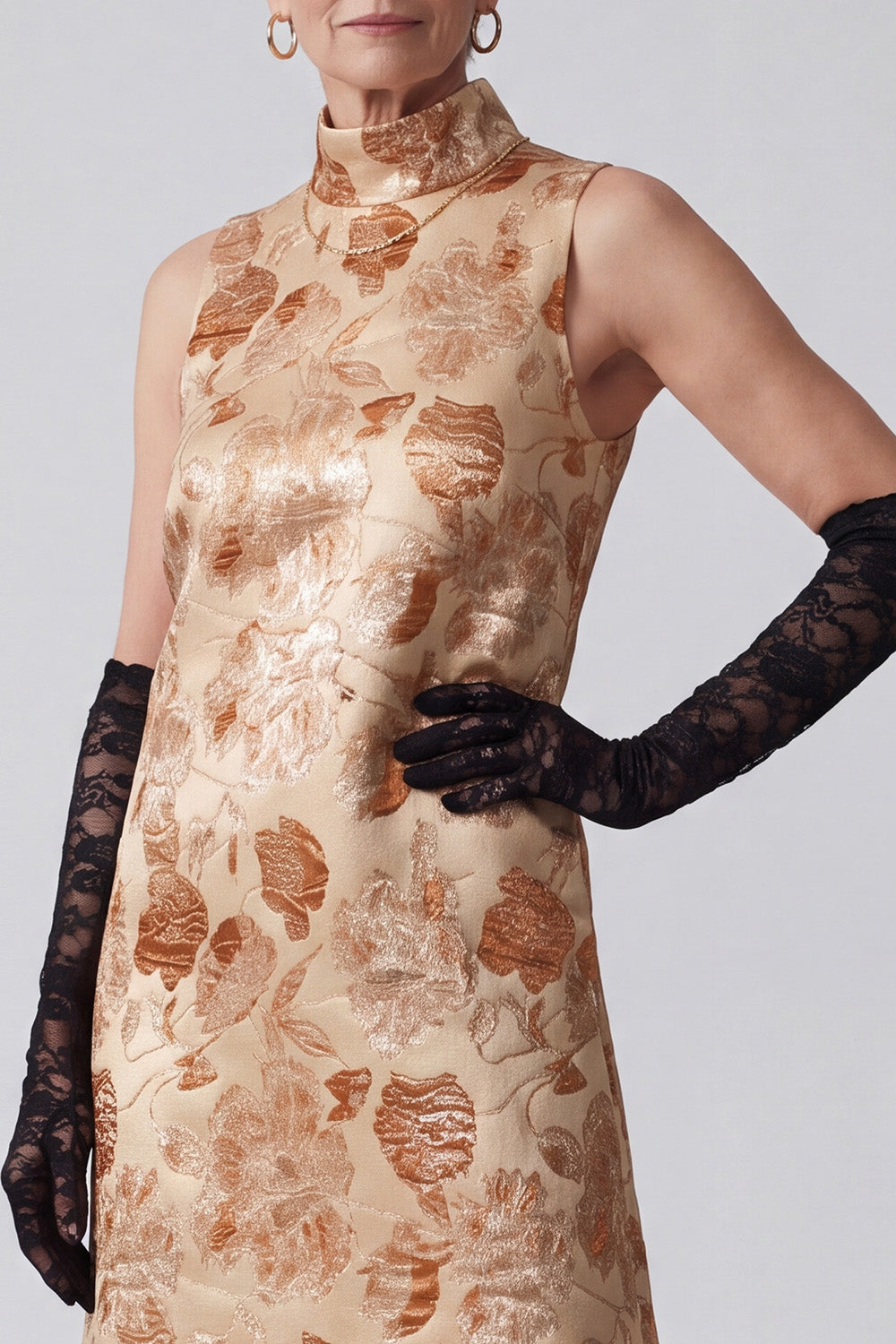 Champagne Sheath High Neck Printed Long Mother of the Bride Dress