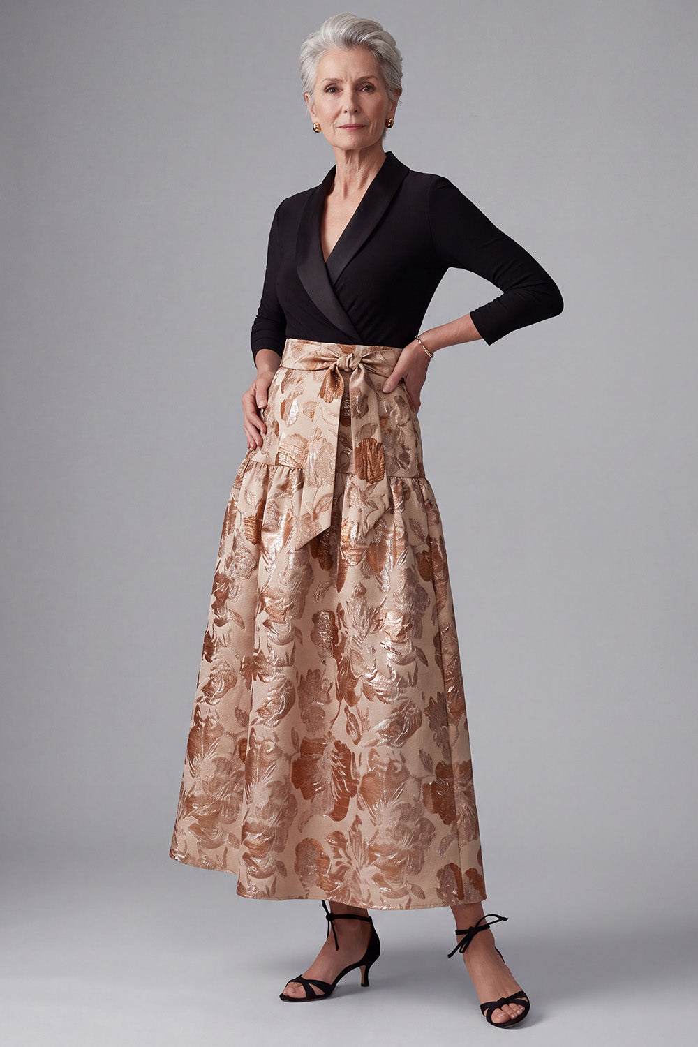 Champagne A-Line Shawl Lapel Floral Long Mother of the Bride Dress with Belt