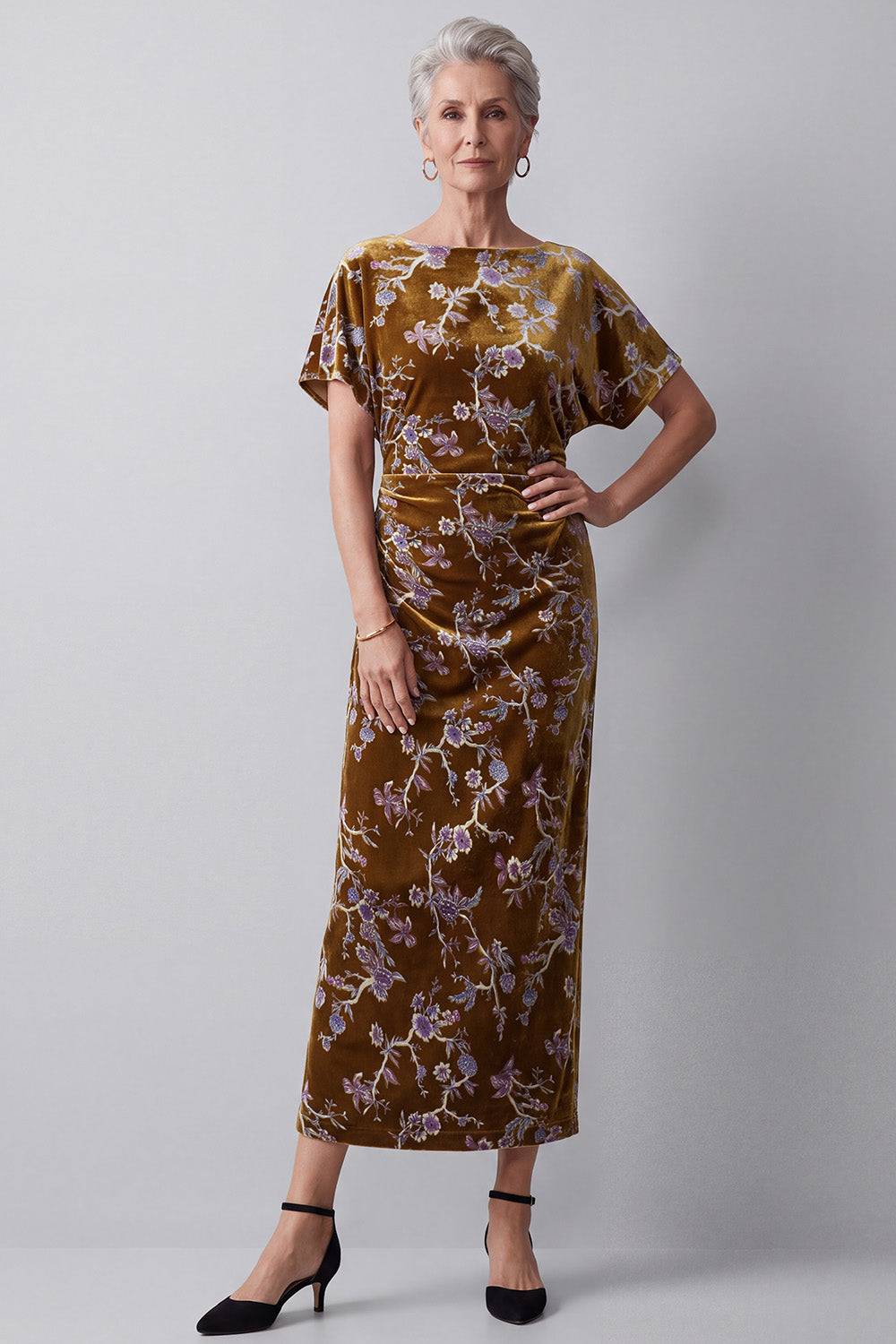 Mustard Gold Sheath Ruched Floral Midi Velvet Holiday Dress with Sleeves