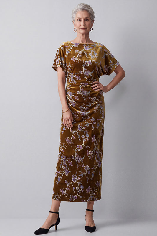 Mustard Gold Sheath Ruched Floral Midi Velvet Mother of the Bride Dress with Sleeves