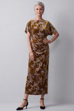 Mustard Gold Sheath Ruched Floral Midi Velvet Holiday Dress with Sleeves