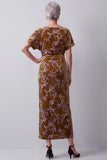 Mustard Gold Sheath Ruched Floral Midi Velvet Holiday Dress with Sleeves