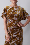 Mustard Gold Sheath Ruched Floral Midi Velvet Holiday Dress with Sleeves