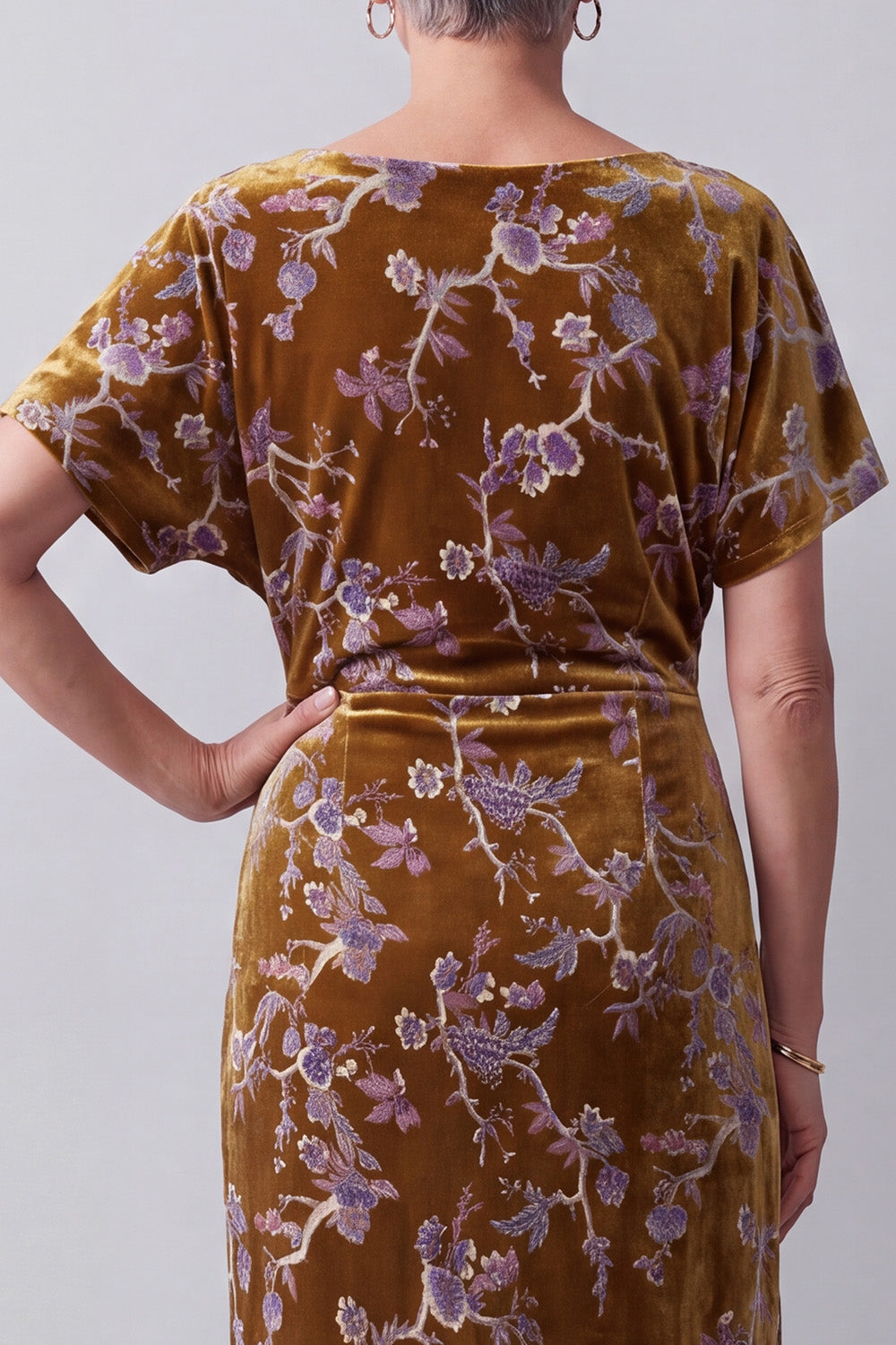 Mustard Gold Sheath Ruched Floral Midi Velvet Holiday Dress with Sleeves