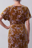 Mustard Gold Sheath Ruched Floral Midi Velvet Holiday Dress with Sleeves