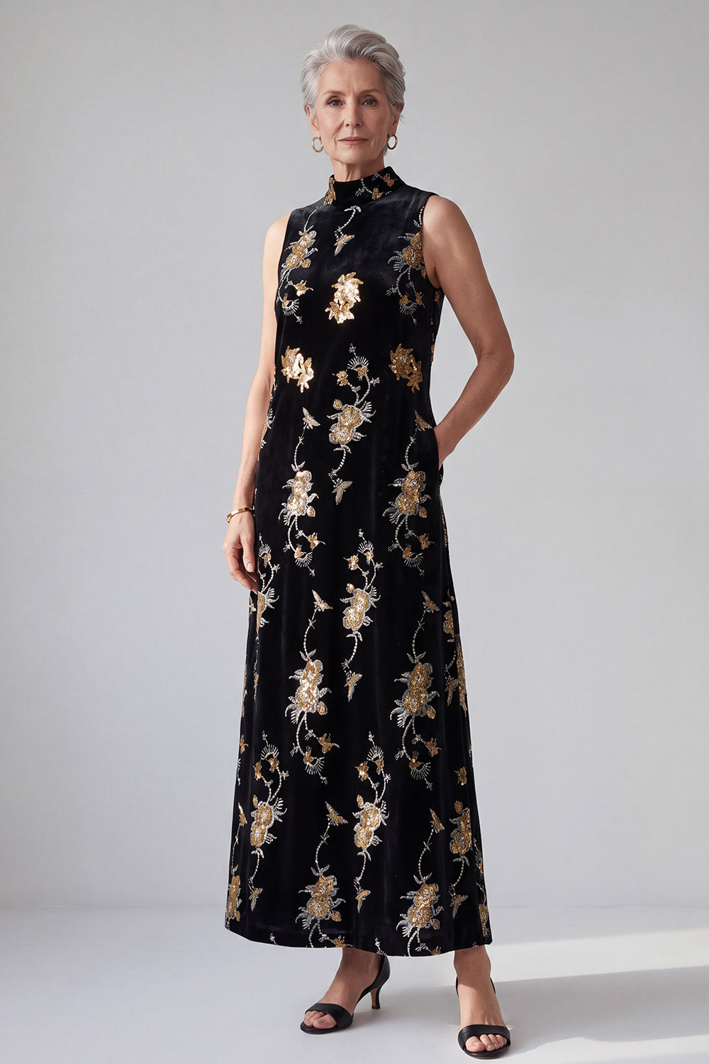 Sparkly Black Sheath High Neck Floral Sequins Long Velvet Holiday Dress