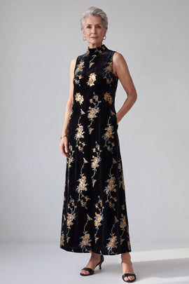 Sparkly Black Sheath High Neck Floral Sequins Long Velvet Holiday Dress