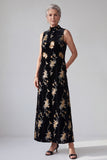 Sparkly Black Sheath High Neck Floral Sequins Long Velvet Holiday Dress