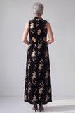 Sparkly Black Sheath High Neck Floral Sequins Long Velvet Holiday Dress