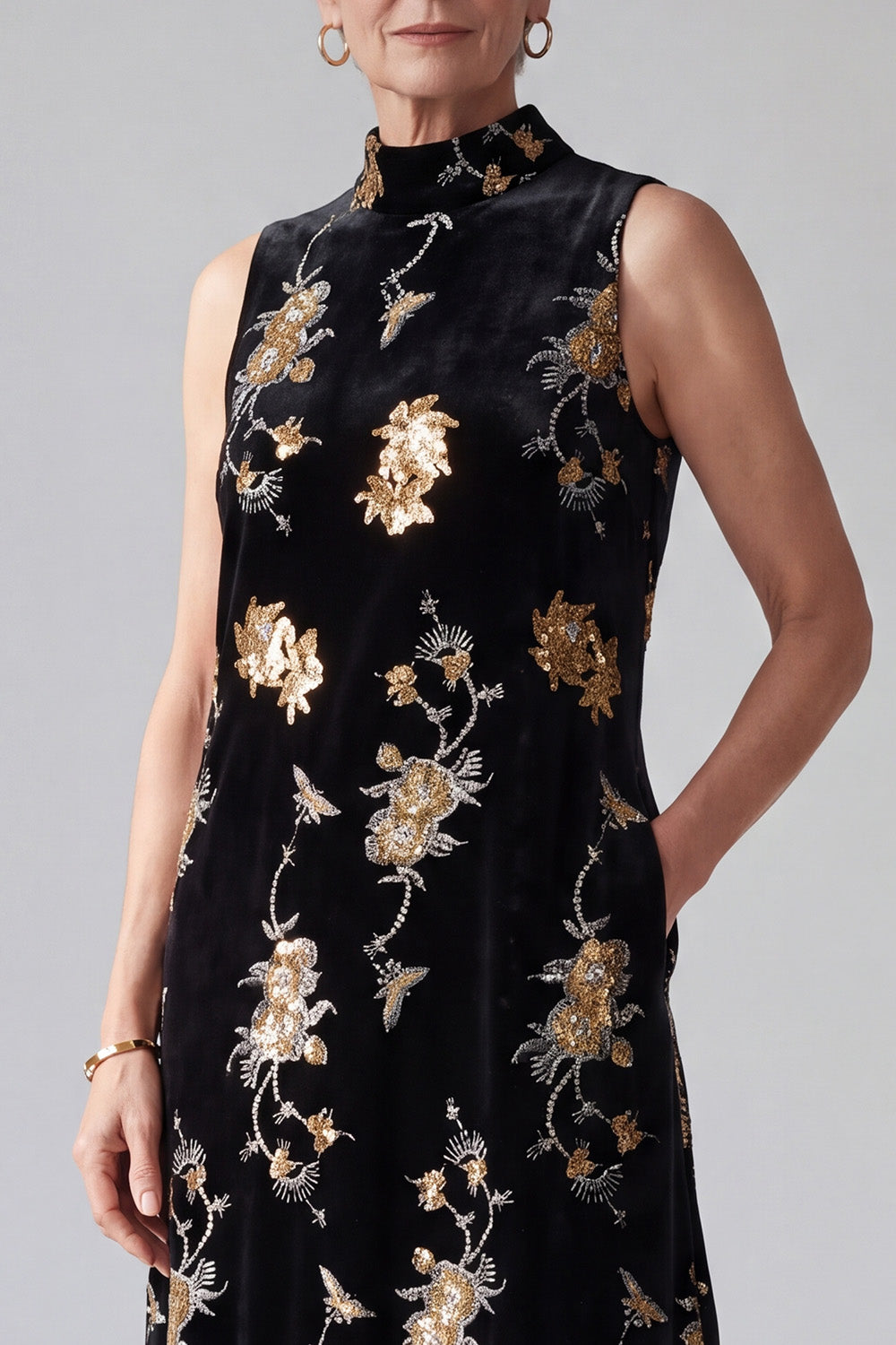 Sparkly Black Sheath High Neck Floral Sequins Long Velvet Holiday Dress