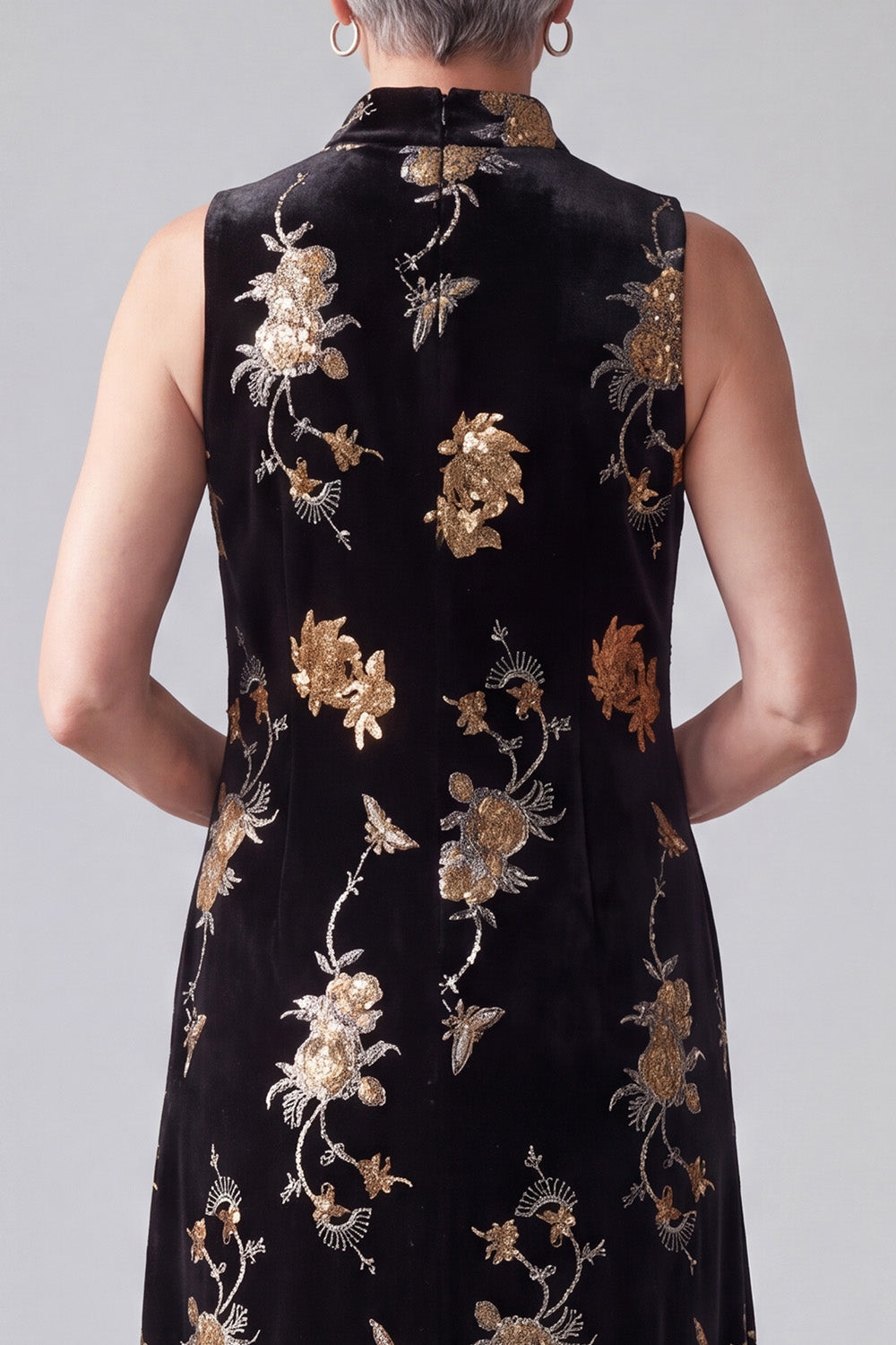 Sparkly Black Sheath High Neck Floral Sequins Long Velvet Holiday Dress