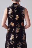Sparkly Black Sheath High Neck Floral Sequins Long Velvet Holiday Dress