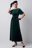 Sparkly Dark Green Sheath Beaded Ruched Midi Velvet Holiday Dress with Sleeves