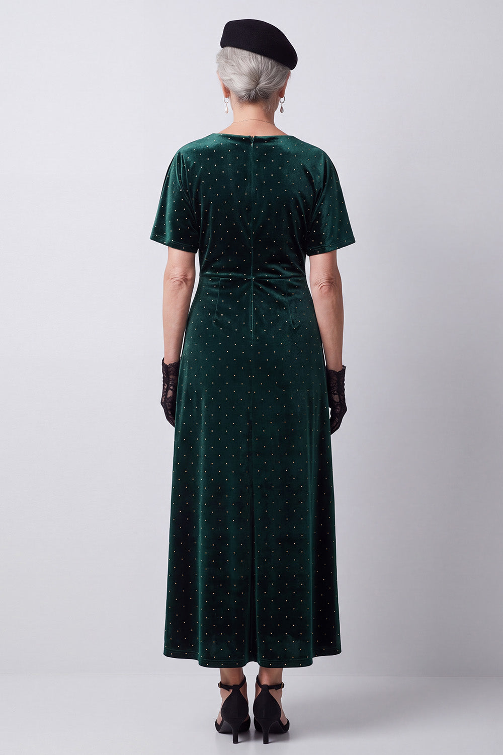Sparkly Dark Green Sheath Beaded Ruched Midi Velvet Holiday Dress with Sleeves