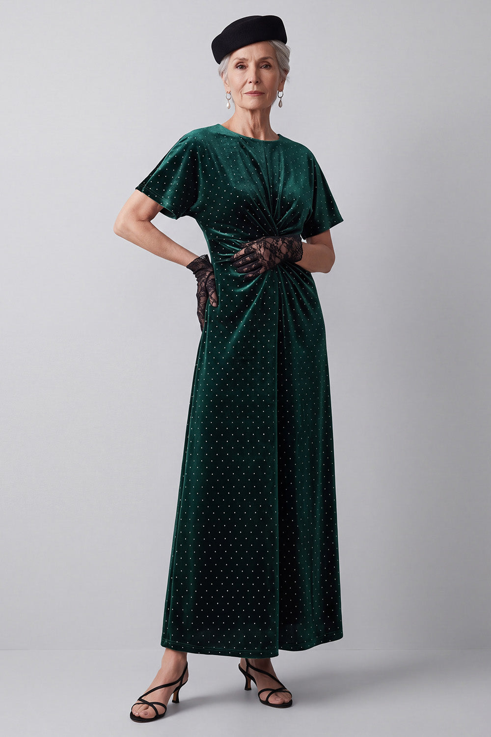 Sparkly Dark Green Sheath Beaded Ruched Midi Velvet Holiday Dress with Sleeves