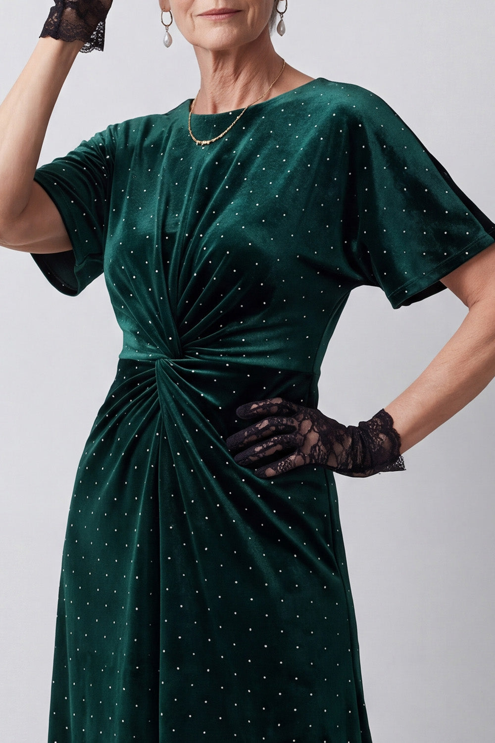 Sparkly Dark Green Sheath Beaded Ruched Midi Velvet Holiday Dress with Sleeves