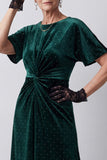 Sparkly Dark Green Sheath Beaded Ruched Midi Velvet Holiday Dress with Sleeves