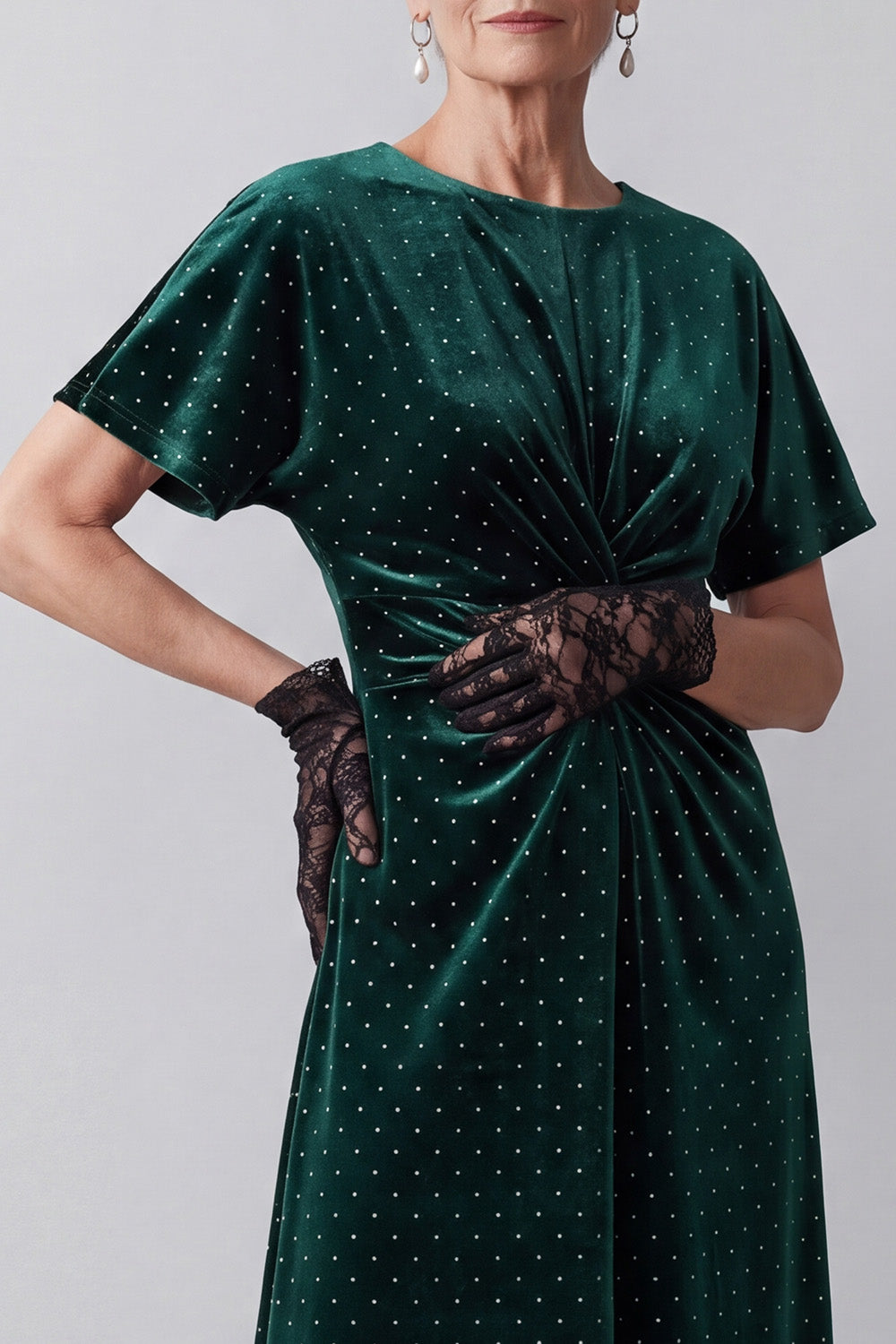 Sparkly Dark Green Sheath Beaded Ruched Midi Velvet Holiday Dress with Sleeves