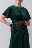 Sparkly Dark Green Sheath Beaded Ruched Midi Velvet Holiday Dress with Sleeves
