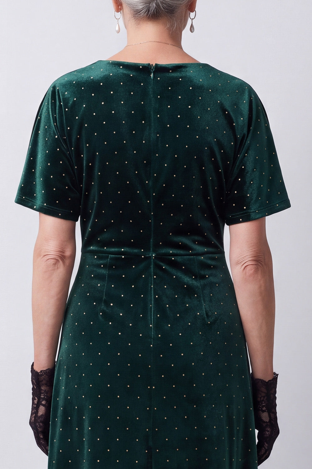 Sparkly Dark Green Sheath Beaded Ruched Midi Velvet Holiday Dress with Sleeves