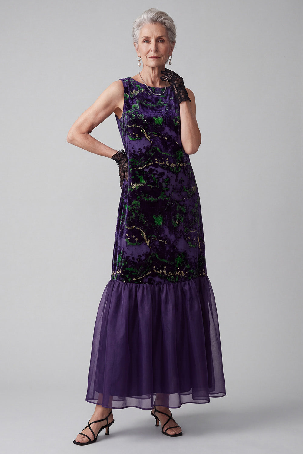 Purple Sheath Boat Neck Floral Long Velvet Holiday Dress