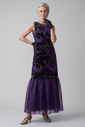 Purple Sheath Boat Neck Floral Long Velvet Holiday Dress
