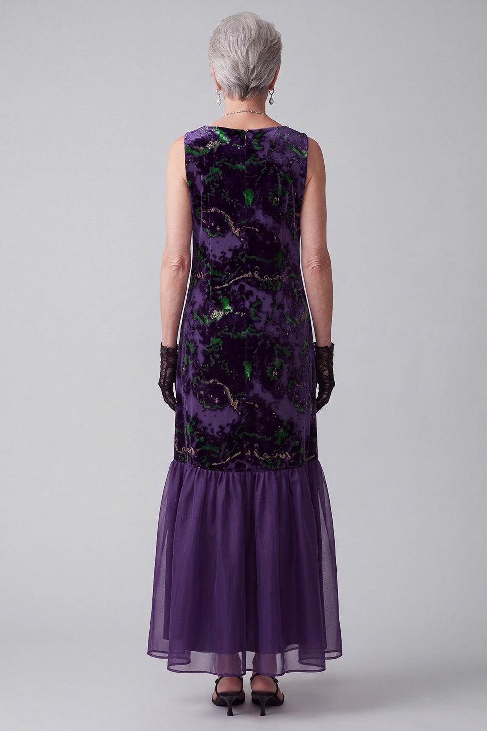 Purple Sheath Boat Neck Floral Long Velvet Holiday Dress