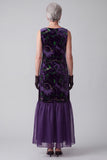 Purple Sheath Boat Neck Floral Long Velvet Holiday Dress