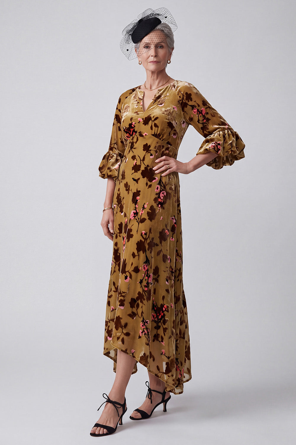 Ginger Yellow V-Neck Floral Midi Mother of the Bride Dress with Sleeves