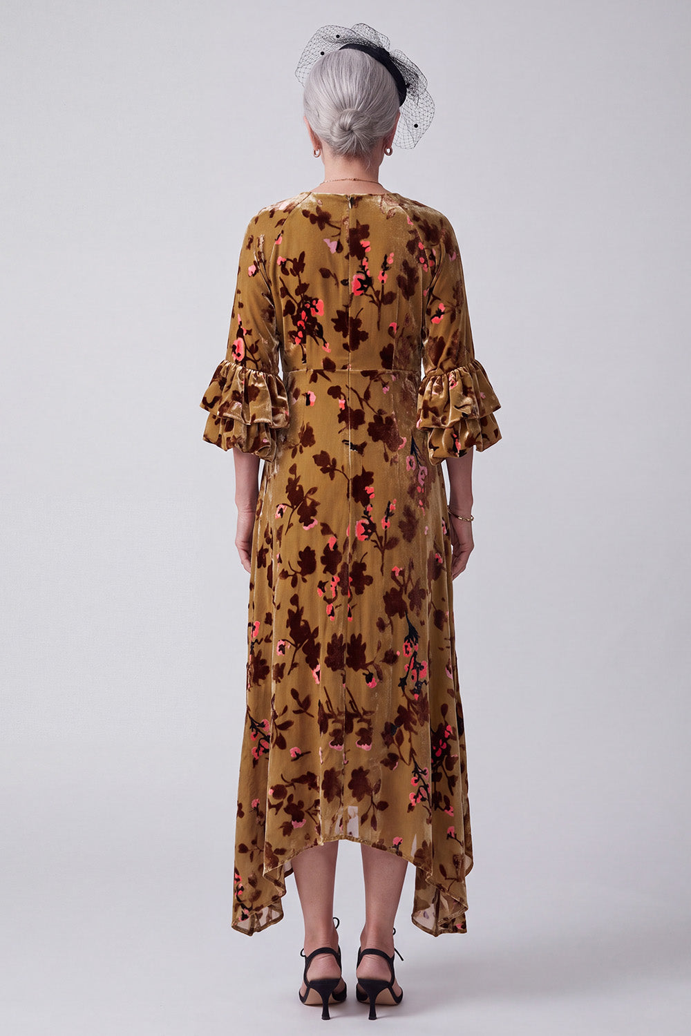 Ginger Yellow V-Neck Floral Midi Mother of the Bride Dress with Sleeves