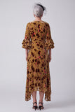 Ginger Yellow V-Neck Floral Midi Mother of the Bride Dress with Sleeves