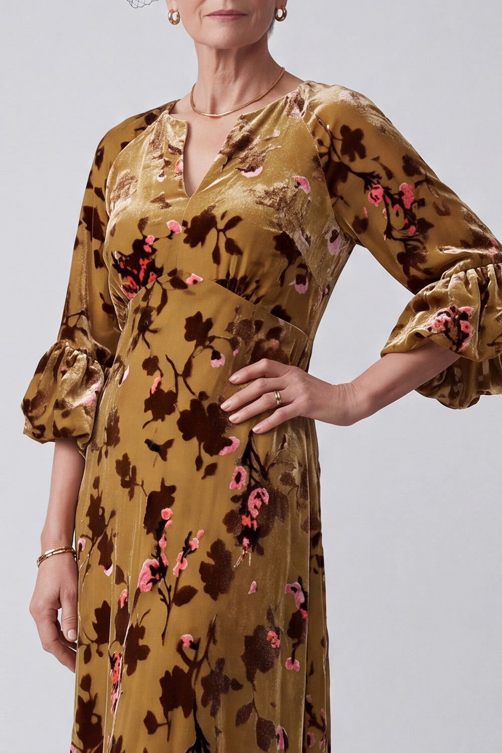 Ginger Yellow V-Neck Floral Midi Mother of the Bride Dress with Sleeves