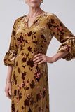 Ginger Yellow V-Neck Floral Midi Mother of the Bride Dress with Sleeves