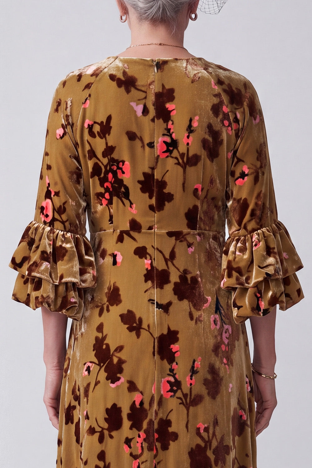 Ginger Yellow V-Neck Floral Midi Mother of the Bride Dress with Sleeves