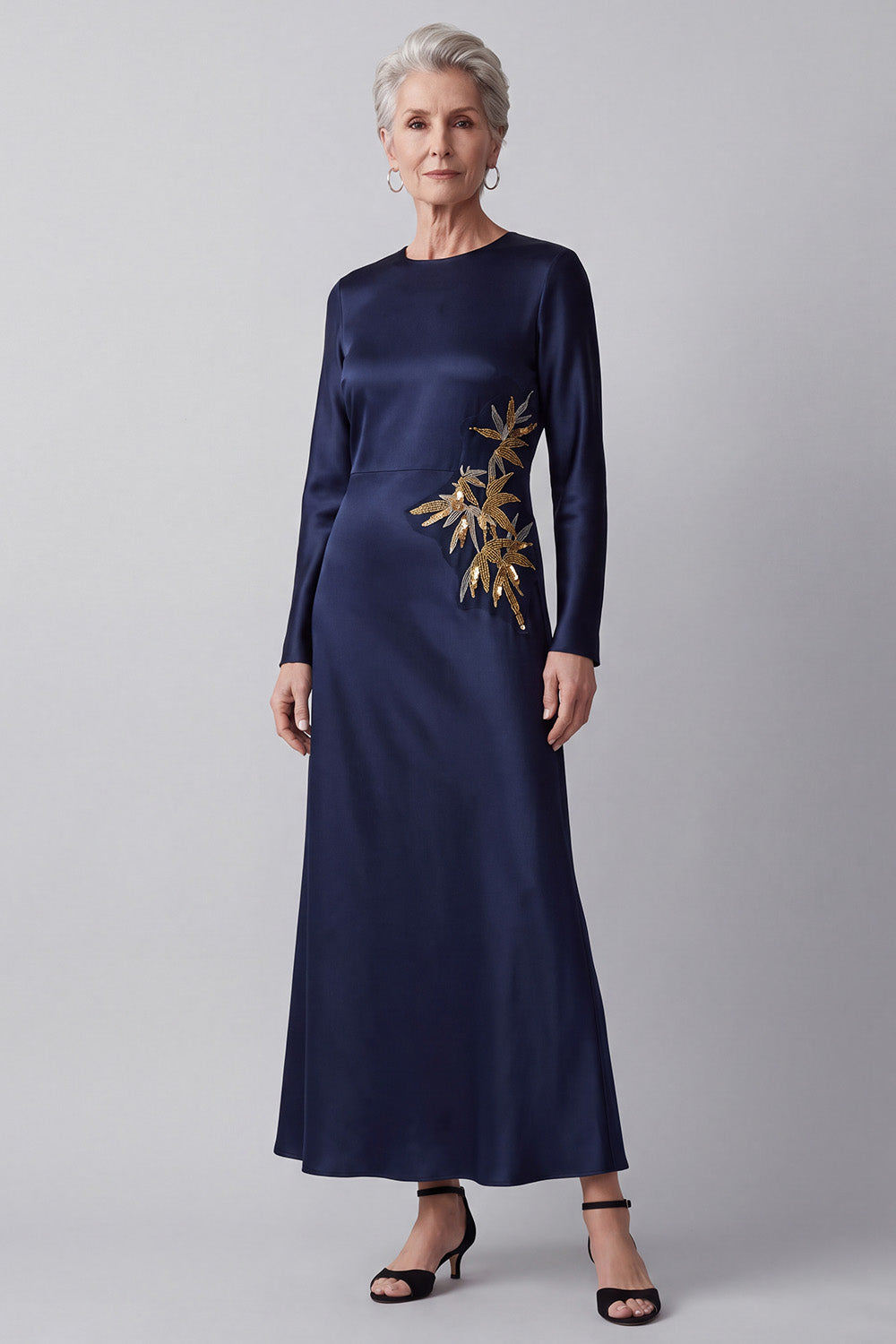 Dark Blue Round Neck Beaded Satin Long Sleeves Mother of the Bride Dress