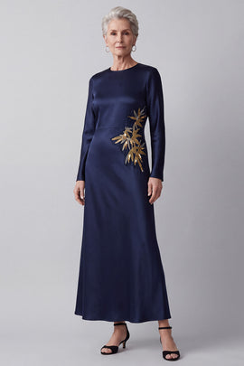 Dark Blue Round Neck Beaded Satin Long Sleeves Mother of the Bride Dress
