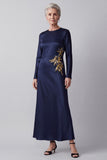 Dark Blue Round Neck Beaded Satin Long Sleeves Mother of the Bride Dress