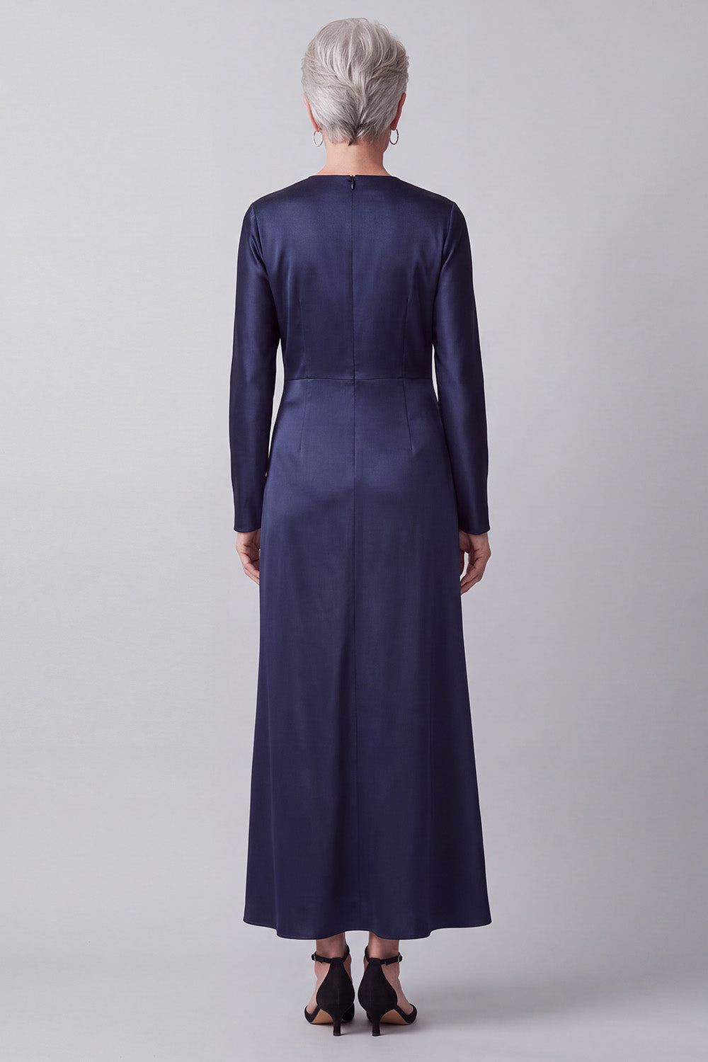 Dark Blue Round Neck Beaded Satin Long Sleeves Mother of the Bride Dress
